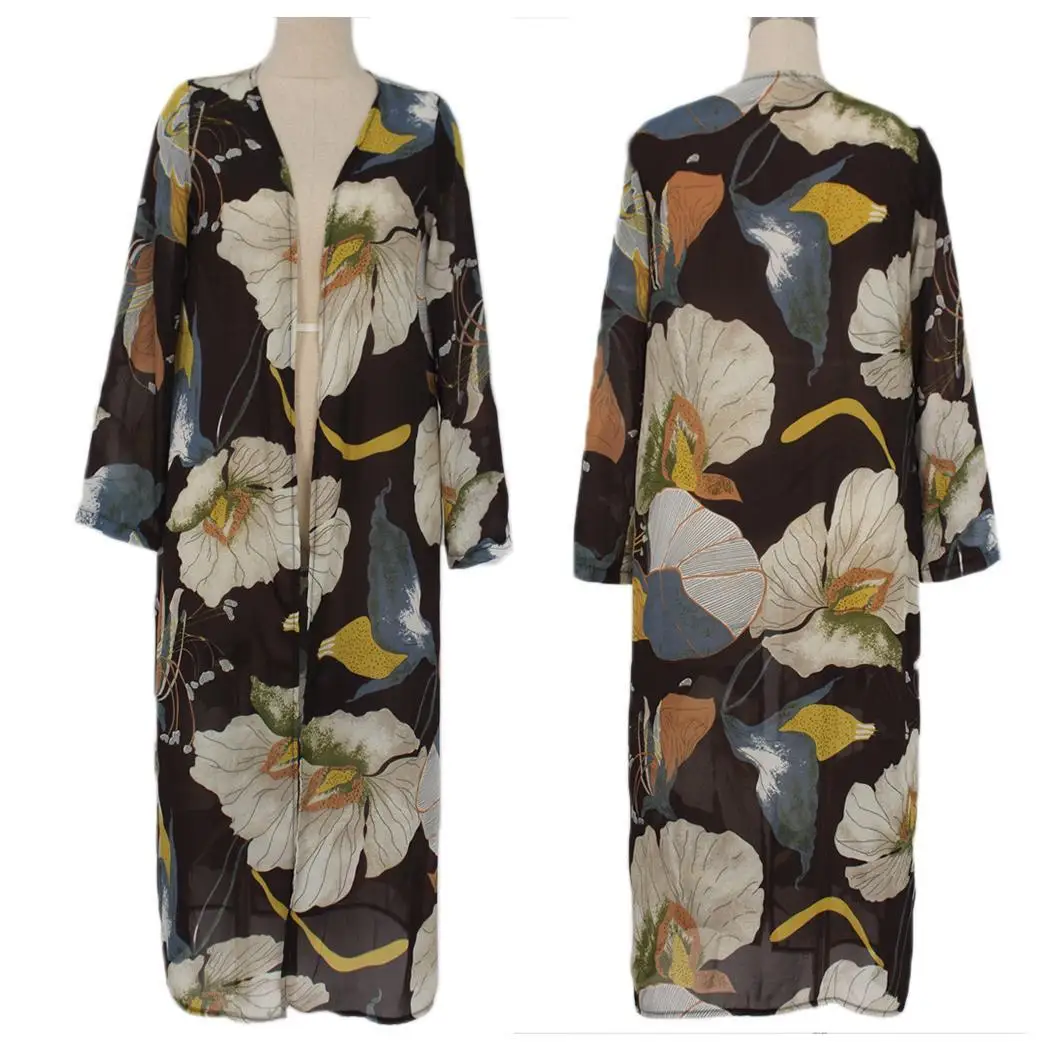 

Women Summer Printed Chiffon Cardigan Beach Blouse Casual None Ankle Length Sunscreen Fashion Cover Loose Up
