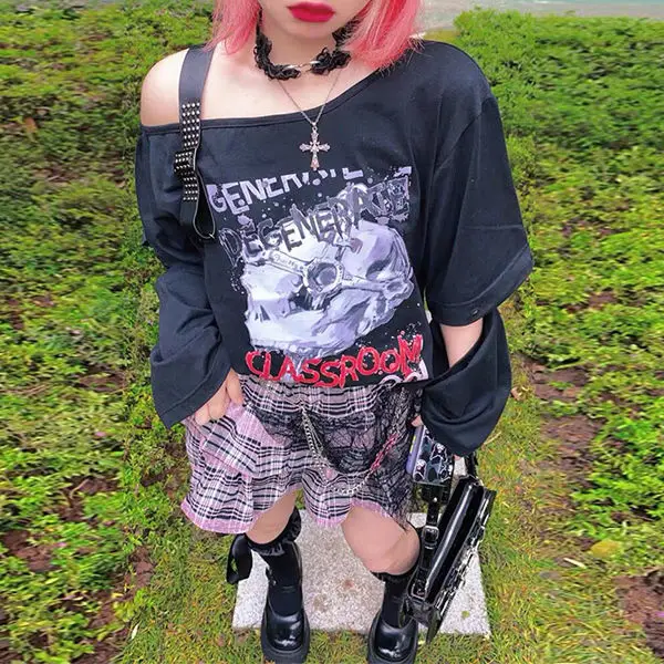 KOSAHIKI Y2k T-shirt Women Harajuku Black Vintage Tops Skull