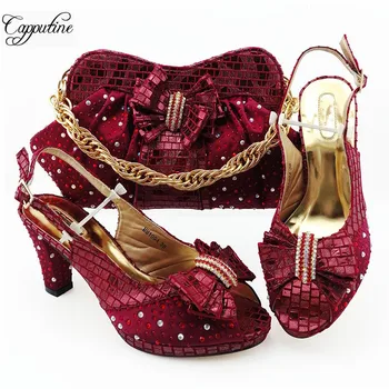 

High class wine pattern sandal shoes and bag set with rhinestone for wedding/party lady MM1094, heel 9cm