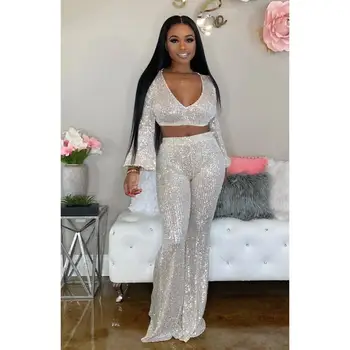 

ZITY Luxurious Sequin V -Neck Sexy Two Piece Set Crop Top And Flare Pants Evening Party Club Outfits Matching Sets Women
