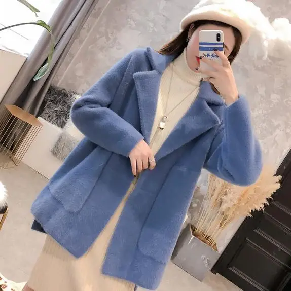 Women 2020 Spring Faux Mink Cashmere Cardigan Female Elegant Solid Sweater Lady Thick Warm Knitted Sweaters AE930 |