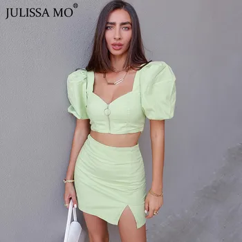 

JULISSA MO Two Piece Set Summer Bodycon Dress Women Square Neck Zip Top A-line Dress Streetwear Puff Sleeve Short Party Dress