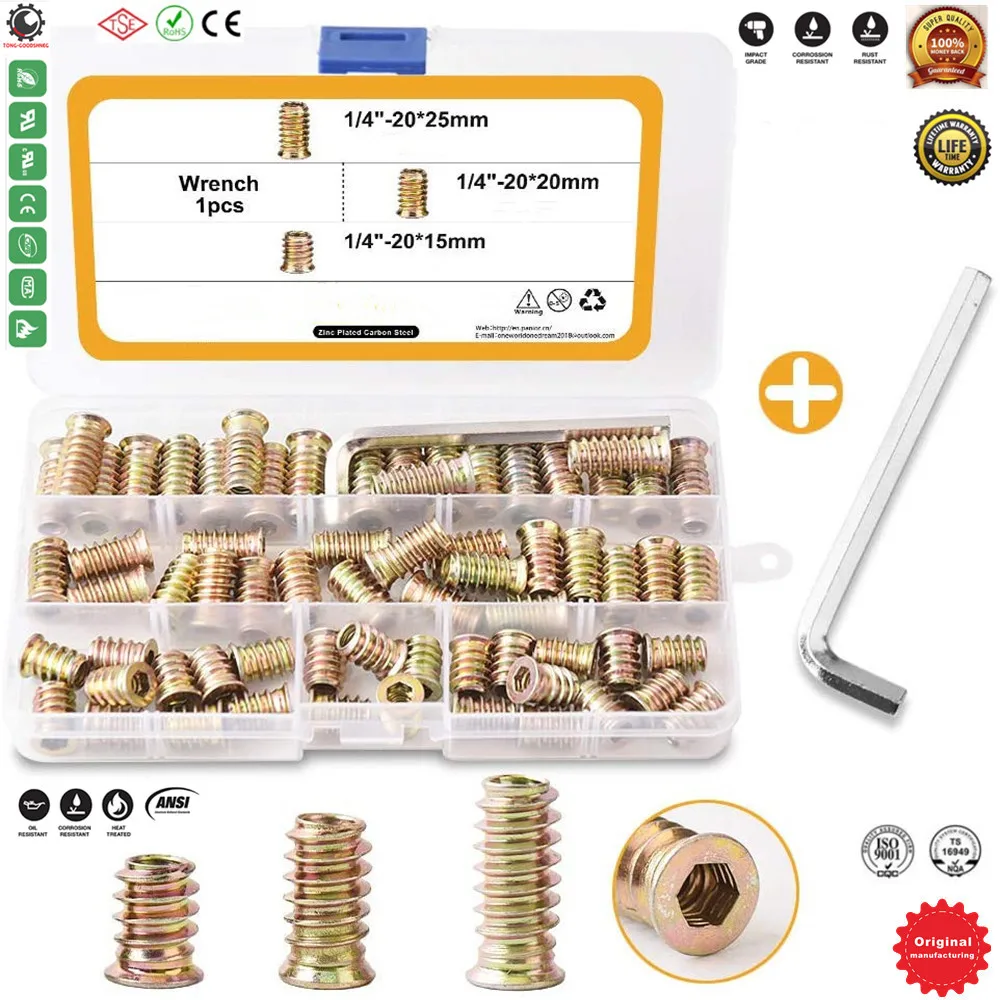 1/4&quotThreaded Inserts Nuts for Wood Steel Hex Socket Drive Furniture Flanged Screw in Nut Assortment Set Bolt Sets | Обустройство