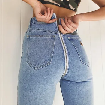 

2020 New Sexy Back Zipper Long Jeans Women Basic Classic High Waist Skinny Pencil Light Blue Denim Pants Elastic Stretch Jeans