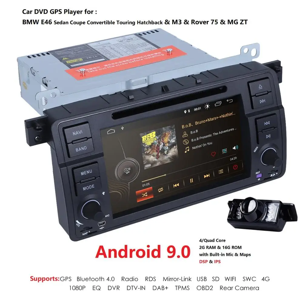 2G+ 16G 7-дюймовый четырехъядерный Android9.0 2DIN автомобильный dvd-монитор радио для BMW E46 Аудио Видео DVBT, Wi-Fi, 4G, USB, SD, cam-в OBD2 SWC DVR DAB