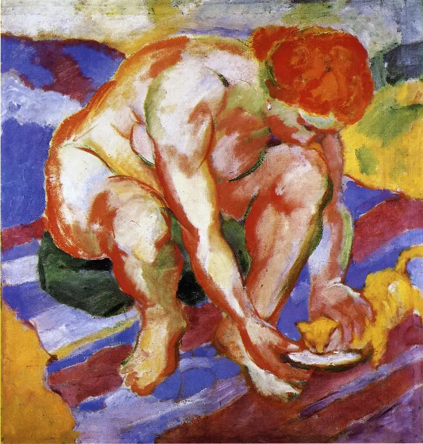 

100% handmade Oil Painting reproduction on linen canvas,Nude with cat 1910 by Franz Marc,Free Shipping,High Quality