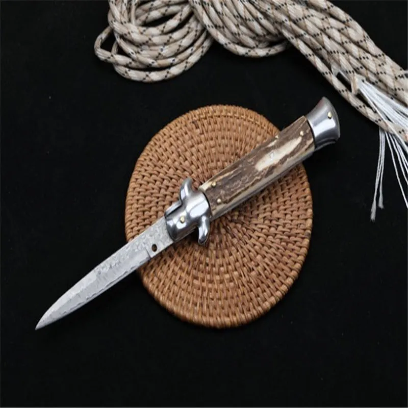 Damascus antler handle [9 inch] AKC Mafia Handle Pocket Knife Army Camping Survival Tactical tool | Инструменты