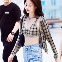 Уличная Корейская kpop черная розовая Дженни клетчатый кардиган+ майка сексуальный винтажный свитер