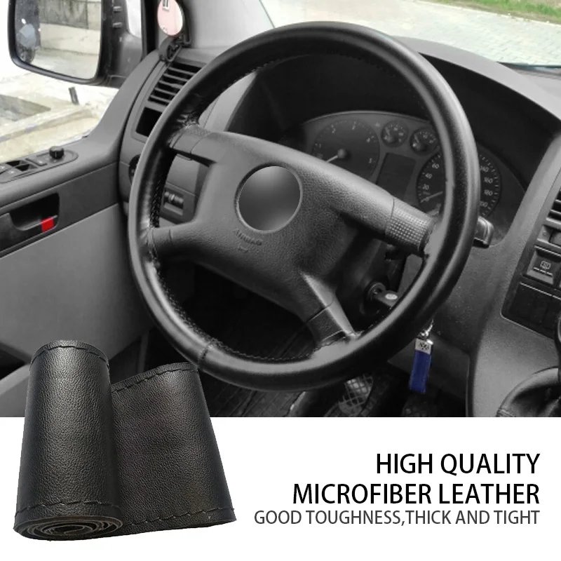 

Car Anti-Slip Steering Wheel Cover Fiber Leather With Soft Anti-Slip Black DIY Braid & Needles Thread Fit For 38cm Diameter