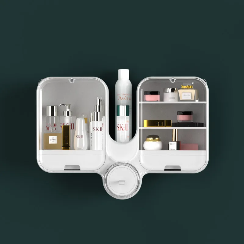 Wall Mounted Cosmetic Storage Box Punch Free Waterproof Makeup Organizer Large Capacity Bathroom Beauty Storage Shelf ( Small )