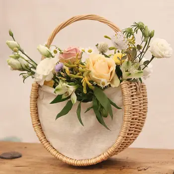 

Semi-circular Portable Hand Flower Basket Hand-woven Wood Hessian Fruit Basket Wedding Decor Wall Hanging Planting Home Storage