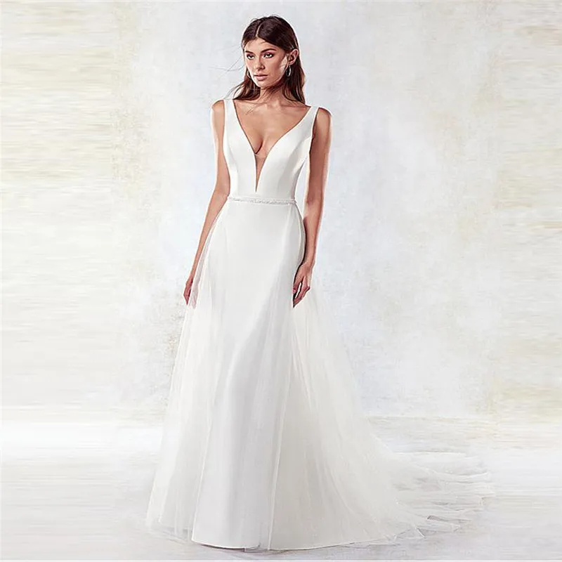 

Sexy Simple Mermaid Wedding Dress With Detachable Tulle Train Long Bridal Gowns 2021 Two Pieces Backless Bridal Gowns Slim