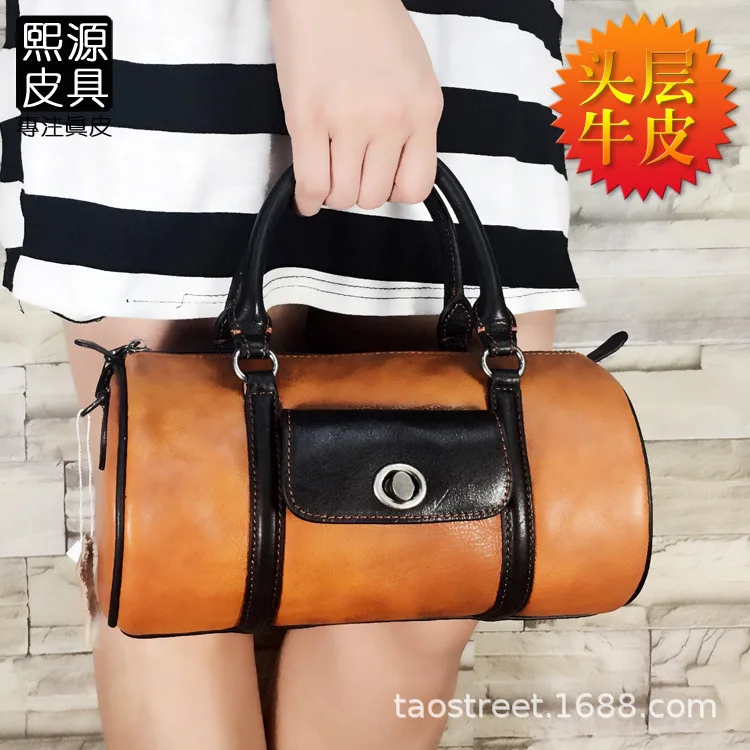 

Origional WOMEN'S Leather Bags Skeleton-skin Handmade Contrast Color Full-grain Leather Small round Bag Literature And Art MORI