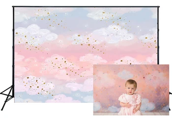 

HUAYI Pink Sky White Clouds Backdrop Birthday Party Baby Shower Background 1st Birthday Cake Smash Photo Booth Banner W-3670