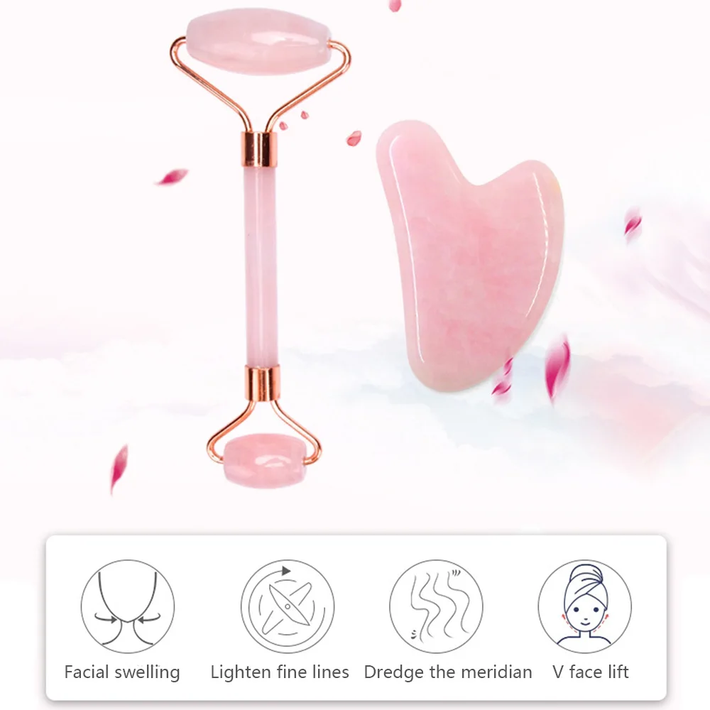 New Slimming Face Massager Lifting Tool Rose Quartz Roller Natural Jade Facial Massage Roller Stone Skin Massage Beauty Care Set