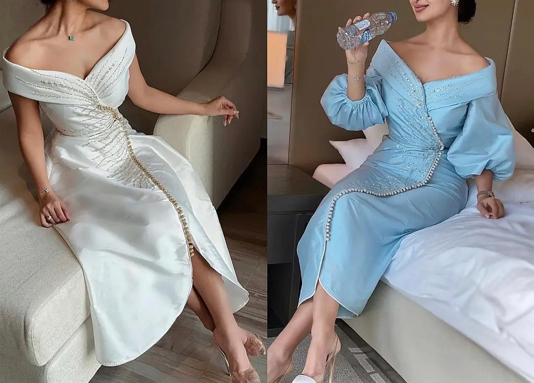 Mermaid Evening Dresses 2022 Satin Beaded Long Sleeves Robe De Soiree Off the Shoulder Vestidos Elegantes Para Mujer Evening Dresses