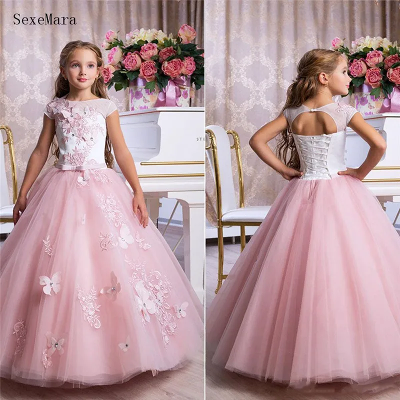 2020 Nieuwe EEN Lijn Bloem Meisje Jurken Roze Tulle Lace Applique Gilrs Pageant Party Jurken Kinderen Prom Verjaardag Gown 2020 Nieuwe EEN Lijn Bloem Meisje Jurken Roze Tulle Lace Applique Gilrs Pageant Party Jurken Kinderen Prom Verjaardag Gown