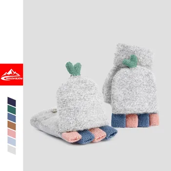 

New knitting gloves half-finger flip lady autumn and winter outdoor wool plus velvet to keep lovely students warm