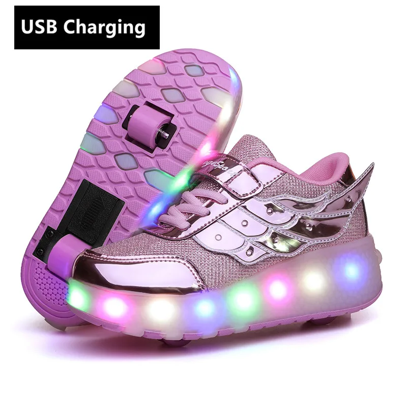Колеса оранжевый usb зарядка Мода для девочек мальчиков светодиодный светильник роликовые коньки обувь для детей Детские кроссовки с колесами два колеса