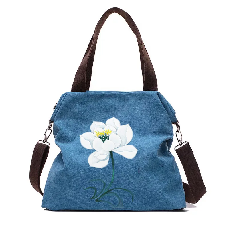 

Ougger Women Bag Over Shoulder Handbags Large Blue Canvas Simple National Style with Flowers Multifunctional Bag for Shopping
