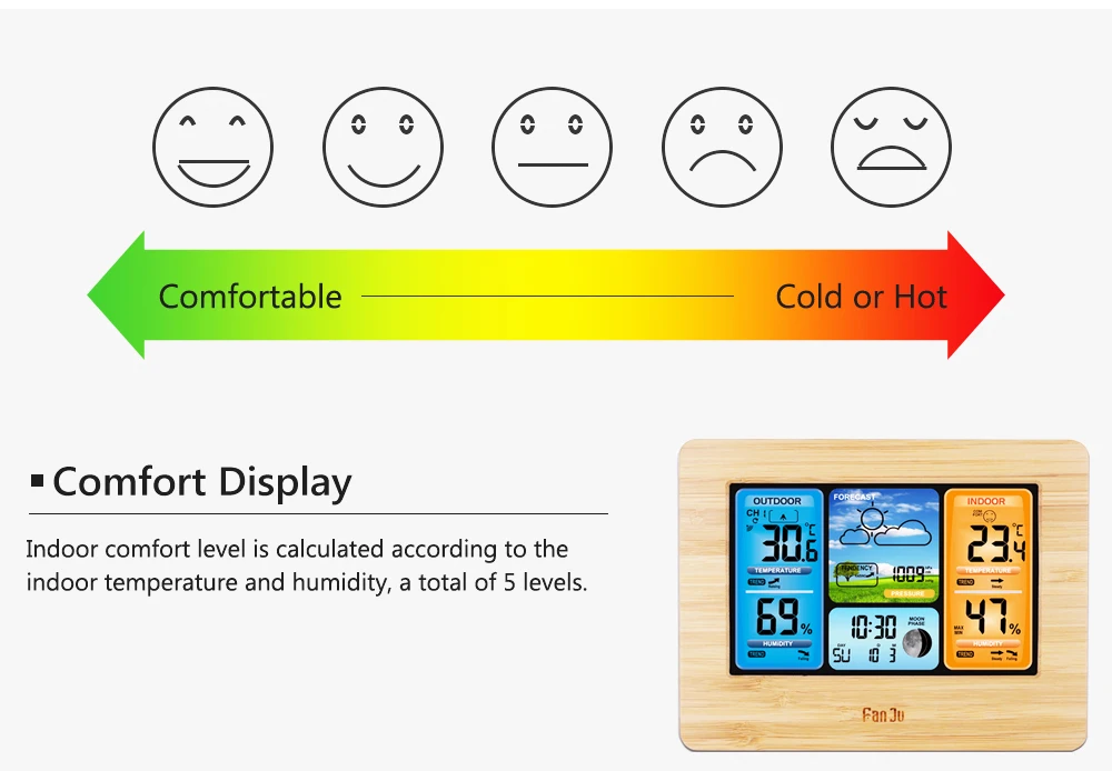 FanJu, цифровой термометр, гигрометр, метеостанция, беспроводной датчик, погода, температура, часы, настенный стол, будильник