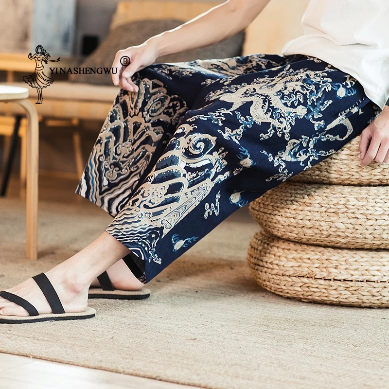 

Summer Men Seven-Points Pants Wide Leg Japanese Style Harajuku Print Casual Loose Trousers Thin Kimono Pants Asian Clothes