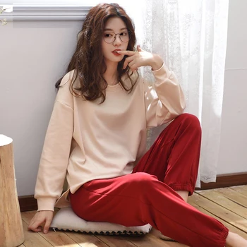 

New pajamas women autumn and winter comfortable long-sleeved round neck cotton cute home casual clothes trousers suit