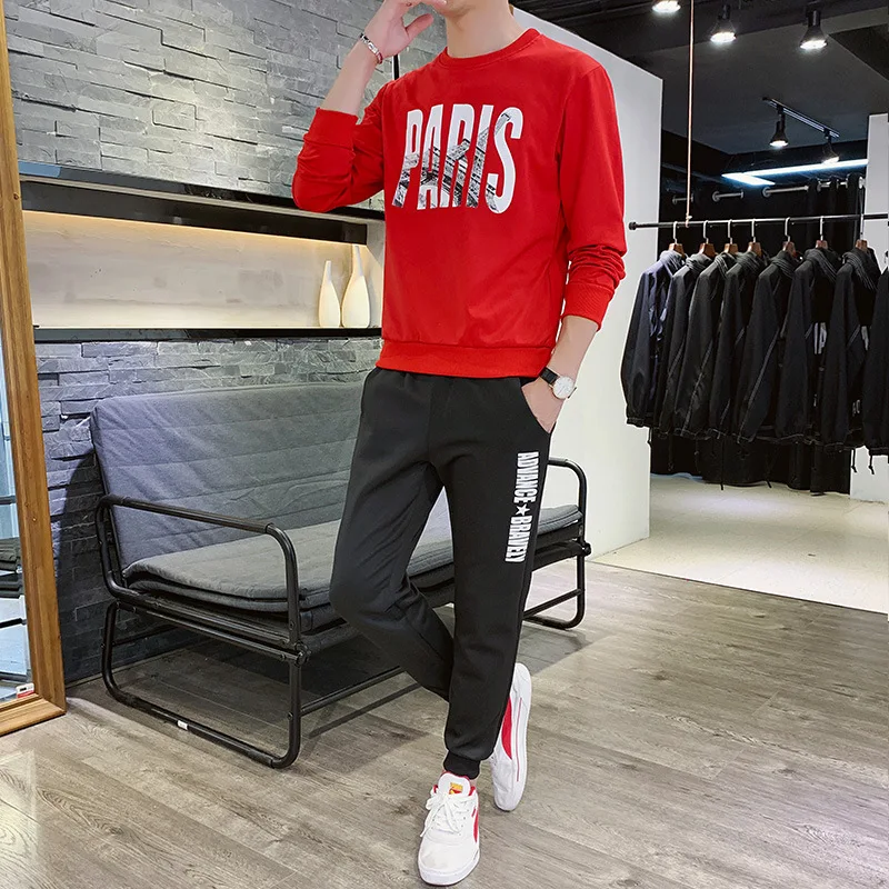 

2019 Autumn New Style Leisure Sports Suit Men's Teenager Korean-style Fashion Hoodie Suit Two-Piece Set