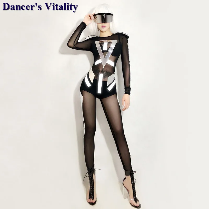 Sexy Luminous Mesh Воротник Танец Ночной Клуб Ds Костюмы Ночной Боди Женщины Черный Певица Команда Джаз Танцевальная одежда DJ Сценический Наряд