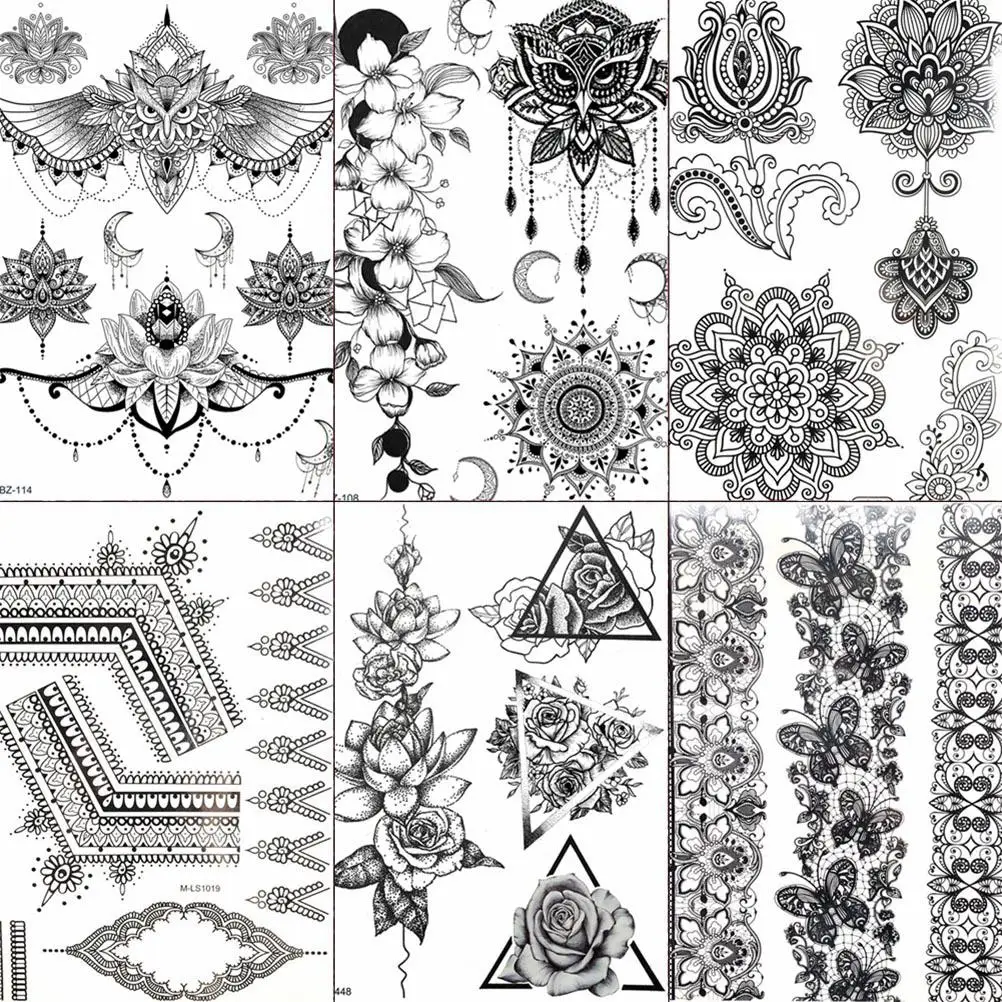 

FANRUI Triangle Rose Lace Black Henna Temporary Tattoo Sticker Sexy Owl Chain Mehndi Fake Tattoo Body Art Arm Waist Tatoo Makeup