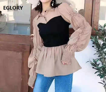 

2020 Spring Fashion Shirts Women Turn-down Collar Knitted Patchwork Long Sleeve White Brown Casual Blouse Ladies Basic Tops