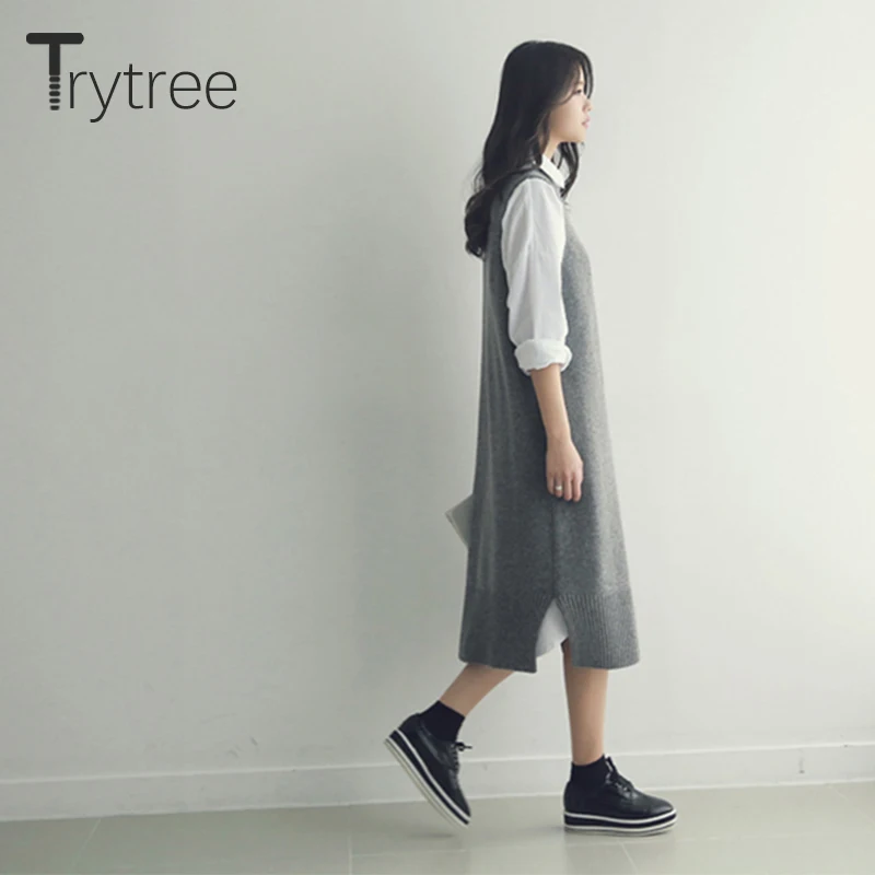 Trytree осенне-зимнее женское Повседневное платье с О-образным вырезом, вязанное свободное платье с разрезом, модное универсальное стильное офисное женское платье-жилет