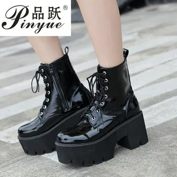 online Botas De Tornozelo Goth Botas De Salto Alto Sapatos De Couro Patente Das Mulheres Na Plataforma Demonia Botas Punk Gótico Sexy Modelo Nova Moda Botas