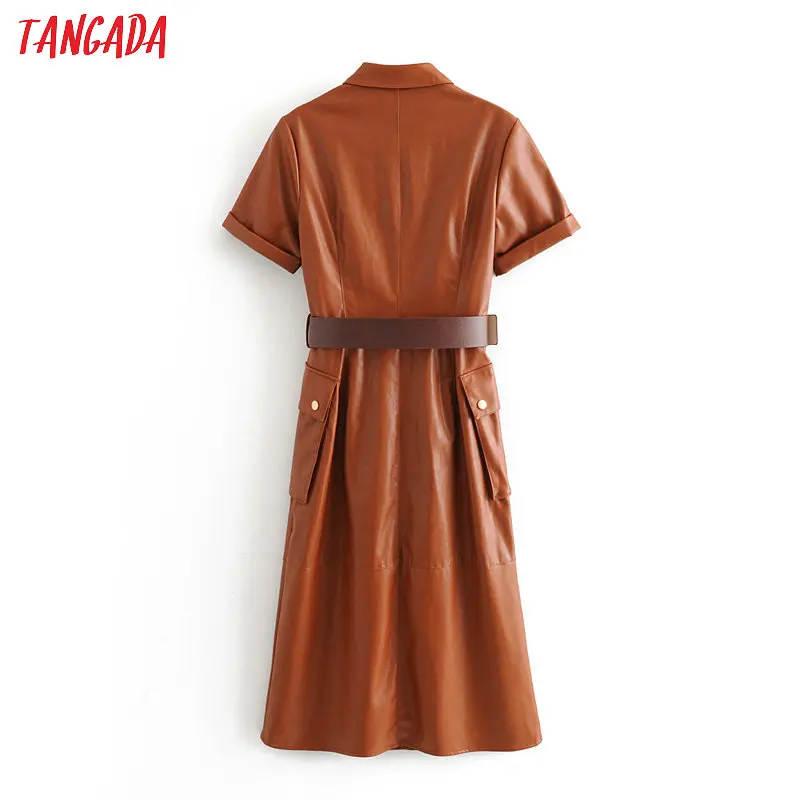 Tangada женское платье из искусственной кожи с поясом и коротким рукавом в стиле ретро элегантное коричневое платье средней длины vestido 3H166