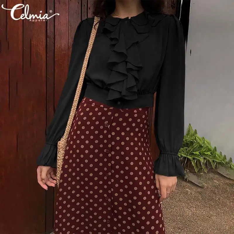 Celmia Stylish Top Women's Summer Blouse Female Long Flare Sleeve Ruffles Chiffon Shirt Casual Loose Solid Elegant Office Blusas Celmia Stylish Top Women's Summer Blouse Female Long Flare Sleeve Ruffles Chiffon Shirt Casual Loose Solid Elegant Office Blusas