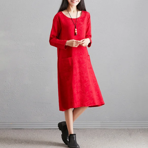 2020 New Arrival Long Sleeve Autumn Dress Jacquard Pockets Vintage Plus Size Women Midi Party DA595 | Женская одежда