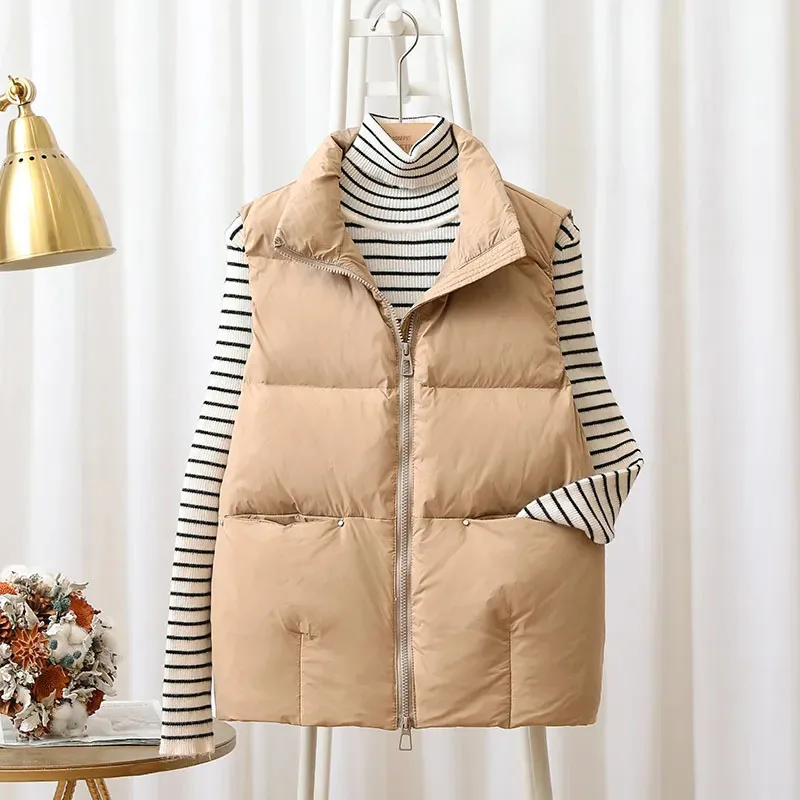 Women's Autumn Short White Duck Down Vest Stand Collar Fashion Loose  Down Puffer Jacket Fashion Winter Waistcoat Coat Femme - 2