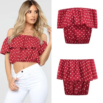 

2020 Hot Fashion Summer Women's Printing Shoulder Crop Vest Polyester A Word Shoulder Tank Tops Short Polka Dot Casual