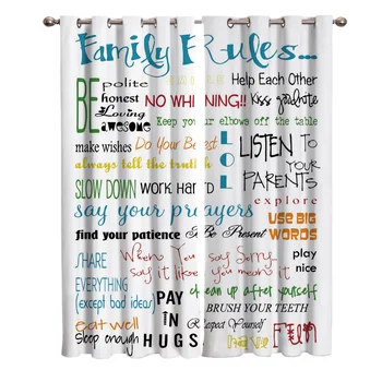 

Family Rules Cartoon Art White Curtains Window Living Room Curtains Kitchen Indoor Window High Blackout Curtain