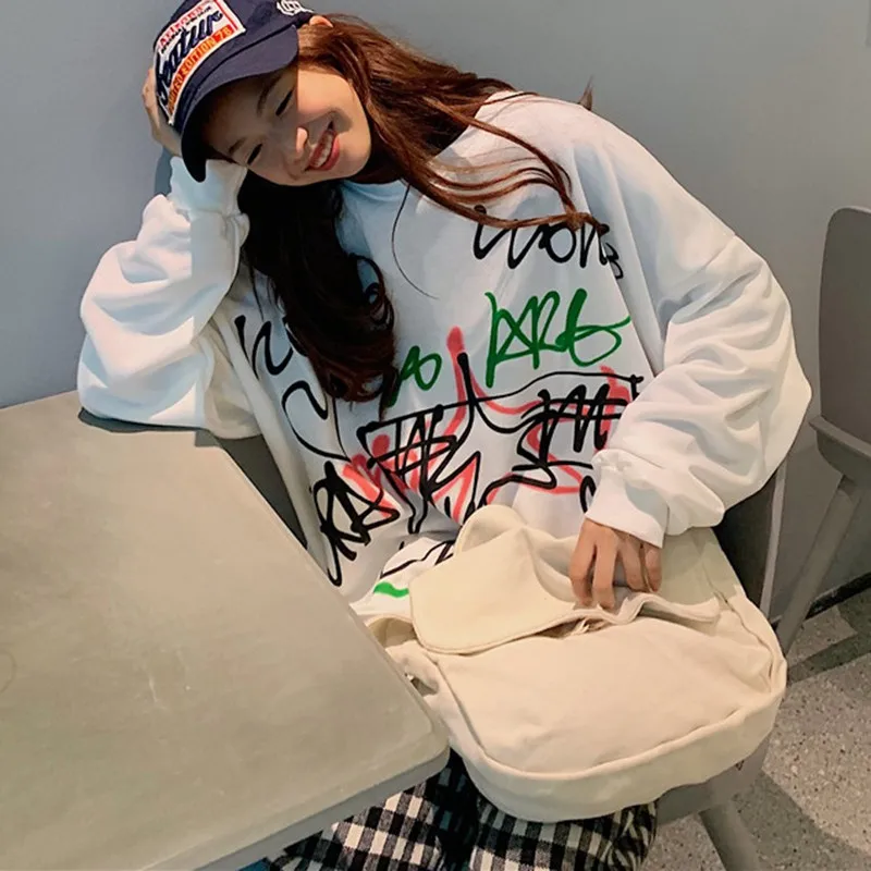 

Korean Style Round Neck Long-sleeved Thin Pullover Personality Fashion Trend Graffiti Pattern Women's Sweatshirt