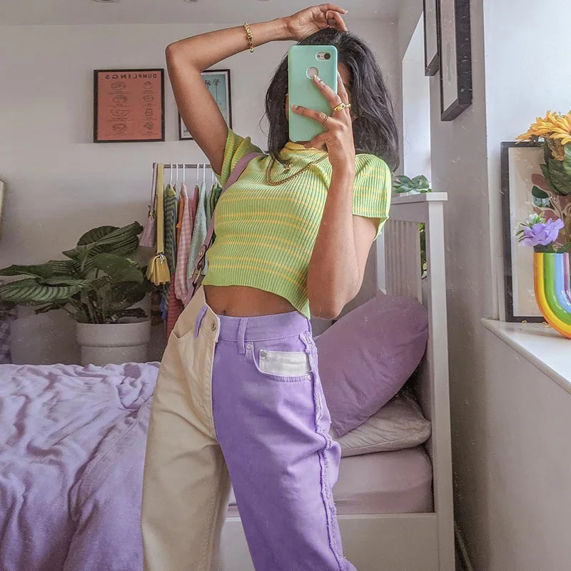 

Purple Straight Y2K Pants For Girls Female Fashion Patched Women Vintage 2021 New High Waisted Trouser Harajuku Capris