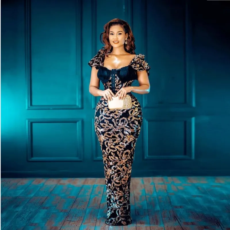 

Sparkly Sequins Beaded Evening Gowns 2021 Saudi Arabia Cap Sleeve Sheath Prom Dresses Dubai Robe De Soiree Custom Made