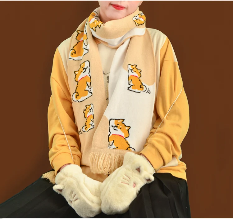 Cartoon Corgi Winter Women Scarf Long Scarf Tassel Soft Warm Scarves Female Cute Cherry Scarves