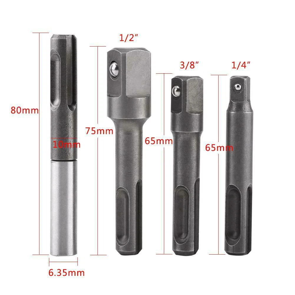 

New High Quality Magnetic SDS Plus Shank To 1/4" Hex Socket Adaptor + 3pcs Square Drill Bit Extension Bar