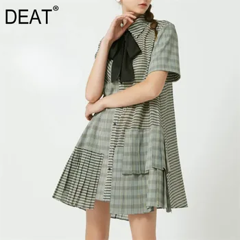 

DEAT 2020 new spring and summer turn-down collar short sleeves plaided patchwork pleated single breasted shirt dress WL38202L