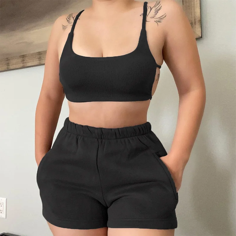 New Casual Drawstring Shorts Matching Set Solid Sportswear Two Piece Sets Summer Sexy Athleisure Outfits Women's 2021 Crop Top 3