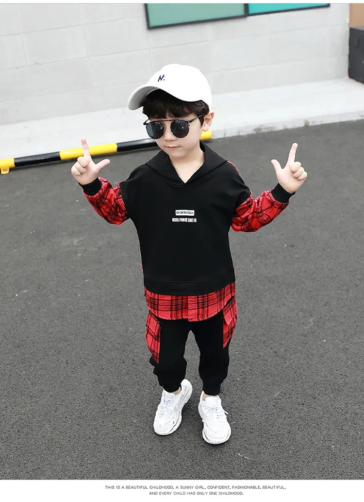 Костюм для мальчиков; коллекция года; Осенняя коллекция; импортные товары; Корейская версия; Детский комплект из двух предметов в клетку с крылышками; красивая модная одежда