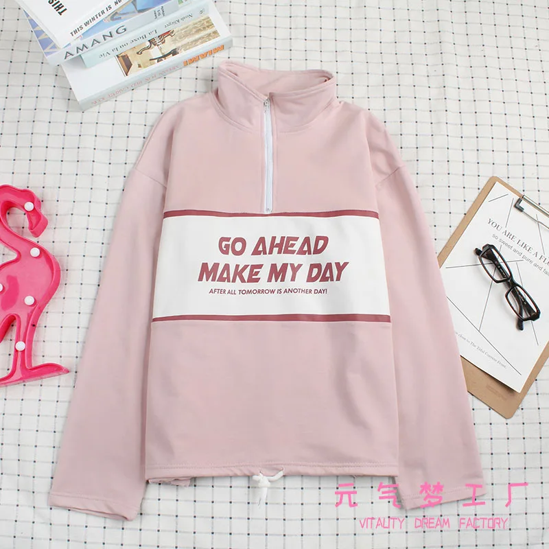 Long Sleeve Pink Осенние новые японские женские милые толстовки с капюшоном с милым буквенным принтом ulzzang студенческие свободные поло с длинными рукавами женские топы в стиле мори - Цвет: Long Sleeve Pink