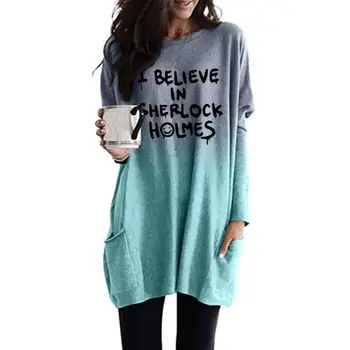 

New Fashion T-Shirt For Women Gradient Long Sleeve Pocket T-Shirt I Believe In Letters Print Top Women Plus Size Cute Streetwear