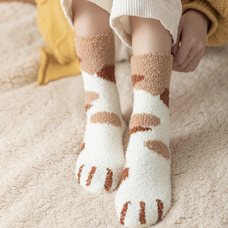 Dreamlikelin 6 Paare/los Frauen Kawaii Socken Set Cartoon Katze Pfote Gemusterte Dot Gestreiften Plüsch Socken Winter Warme Lustige Flauschigen Sox – Detail 3